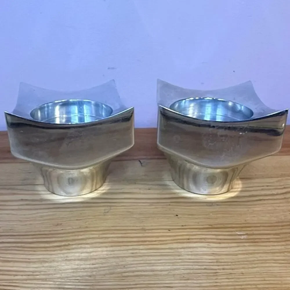 Nambé 6214 Neil Cohen Candlestick Holders Pair 2000 Modernist Alloy